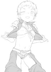 Rule 34 | 1girl, absurdres, belt, chaps, cowboy western, cropped vest, earrings, female focus, freckles, grin, highres, jewelry, micro shorts, monochrome, navel, one eye closed, original, pixie cut, short hair, shorts, smile, solo, solo focus, tomboy, very short hair, vest, zettai yarumoni