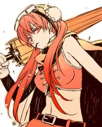 Rule 34 | 1girl, bare shoulders, belt, breasts, bun cover, cape, chinese clothes, closed umbrella, double bun, gintama, gloves, goggles, goggles on head, kagura (gintama), long hair, medium breasts, midriff, mouth hold, navel, neko3, red eyes, red hair, scarf, solo, timeskip, twintails, umbrella