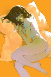 1girl barefoot brown_eyes brown_hair commentary cropped_legs ear_piercing english_commentary feet highres looking_at_viewer lying medium_hair on_pillow on_side orange_background orange_theme original panties piercing shirt solo toes underwear vivixstar white_panties white_shirt