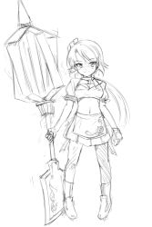 Rule 34 | 1girl, greyscale, hammer, looking at viewer, midriff, monochrome, navel, original, regdic, short hair, simple background, sketch, skirt, solo, standing, stomach, white background