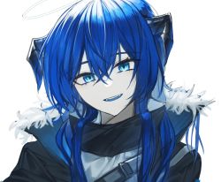 Rule 34 | 1girl, arknights, black jacket, blue eyes, blue hair, blue tongue, colored tongue, demon horns, fangs, fur-trimmed jacket, fur trim, grey shirt, hair between eyes, halo, head tilt, highres, horns, jacket, long hair, looking at viewer, mostima (arknights), ninshi, open mouth, portrait, shirt, simple background, solo, white background