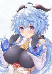 Rule 34 | 1girl, absurdres, ahoge, bare shoulders, bell, black gloves, blue hair, blush, breasts, covered erect nipples, detached sleeves, ganyu (genshin impact), genshin impact, gloves, gold trim, highres, horns, large breasts, long hair, looking at viewer, mikarin (mikarin672), neck bell, purple eyes, solo, white sleeves