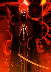 Rule 34 | 1boy, black cape, cape, fate/grand order, fate (series), fire, looking at viewer, mask, mouth mask, oda nobukatsu (fate), official art, pako (pakosun), ponytail, red background, red eyes, red hair, sword, weapon