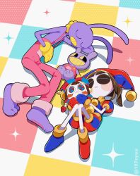 Rule 34 | 137syou, 1boy, 1girl, arm behind head, asymmetrical footwear, asymmetrical gloves, brown hair, colored skin, gloves, hat, highres, holding, holding toy, jax (the amazing digital circus), jester, jester cap, lying, multicolored background, multicolored clothes, on back, on side, open mouth, overalls, parted bangs, parted lips, pink overalls, pomni (the amazing digital circus), purple skin, sleeping, sparkle, stuffed toy, teeth, the amazing digital circus, toy, white background, yellow gloves