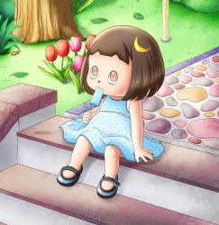 Rule 34 | 1girl, alcyone (cyclone gx), artist name, bare arms, bare shoulders, dress bow, child, crescent, crescent hair ornament, animal crossing, dress, flat chest, flower, food in mouth, full body, hair ornament, highres, nintendo, plant, shoes, short hair, sitting, solo, villager (animal crossing), white dress