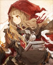Rule 34 | 1girl, blonde hair, blunt bangs, book, buckle, closed mouth, collared shirt, dress, hair ribbon, holding, holding book, hood, hood up, long hair, looking to the side, red riding hood (sinoalice), ribbon, shirt, sidelocks, sino nb3, sinoalice, smile, solo, wavy hair