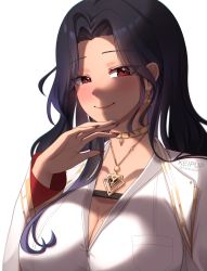 Rule 34 | 1girl, absurdres, artist name, belt, black belt, black hair, blue hair, blush, breasts, chest belt, cleavage, collared shirt, dark-skinned female, dark skin, dress shirt, earrings, gold choker, gold necklace, gradient hair, highres, jewelry, keipup, large breasts, long hair, looking at viewer, mole, mole on breast, mole under eye, multicolored hair, nail polish, necklace, nijisanji, nijisanji en, nose blush, parted bangs, red eyes, red nails, scarle yonaguni, scarle yonaguni (1st costume), shirt, simple background, smile, solo, upper body, virtual youtuber, white background, white nails, white shirt