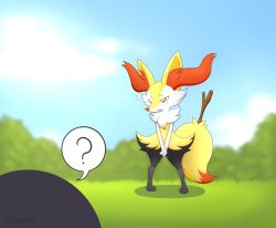 Rule 34 | 1girl, 1other, ?, absurdres, animal ear fluff, animal ears, animal nose, artist name, between legs, black fur, blue sky, blush, blush stickers, body fur, braixen, bright pupils, bush, cloud, creatures (company), day, female focus, flat chest, flying sweatdrops, fox ears, fox girl, fox tail, full body, furry, furry female, game freak, gen 6 pokemon, grass, half-closed eyes, hand between legs, have to pee, highres, ladanyhd, light blush, looking at another, nervous, nintendo, outdoors, own hands together, parted lips, pokemon, pokemon (creature), red eyes, sideways mouth, sky, snout, solo focus, speech bubble, spoken question mark, standing, stick, tail, trembling, v arms, watermark, white fur, white pupils, yellow fur