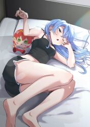Rule 34 | 1girl, alternate costume, bare legs, bare shoulders, barefoot, bed, bed sheet, black shorts, black tank top, blue eyes, blue hair, breasts, character doll, crop top, crossed bangs, eyelashes, foreshortening, full body, hair between eyes, hands up, highres, hololive, hoshimachi suisei, indoors, legs, long hair, looking at viewer, one eye closed, open mouth, pillow, rubbing eyes, sakura miko, short shorts, shorts, sidelocks, sleeveless, small breasts, soles, solo, taachika, tank top, thighs, virtual youtuber