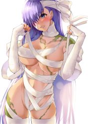 Rule 34 | 1girl, bad id, bad twitter id, bandage over one eye, bandaged arm, bandaged head, bandaged leg, bandages, blush, breasts, fate/extra, fate/extra ccc, fate/extra ccc fox tail, fate/grand order, fate (series), groin, hair over one eye, highres, kingprotea (fate), long hair, looking at viewer, moss, open mouth, purple eyes, purple hair, satou daiji, solo, very long hair
