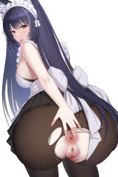 Rule 34 | 1girl, absurdres, animal ear fluff, animal ears, anus, apron, ass, azur lane, bare shoulders, bent over, black hair, blush, breasts, brown pantyhose, censored, cleft of venus, condom, condom wrapper, dress, facial mark, fox ears, fox girl, frills, hair ornament, highres, hong bai, large breasts, long hair, looking at viewer, looking back, maid, maid apron, maid headdress, mosaic censoring, musashi (azur lane), pantyhose, pussy, solo, torn clothes, torn pantyhose, very long hair, white background, yellow eyes