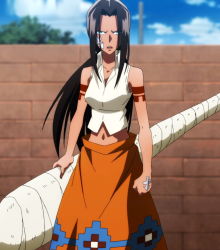 Rule 34 | 1girl, bare shoulders, black hair, blue eyes, blue sky, breasts, clenched hand, dark-skinned female, dark skin, facial tattoo, highres, lilirara, long hair, looking at viewer, low ponytail, medium breasts, native american, navel, open mouth, ponytail, screencap, serious, shaman king, shoulder tattoo, simple background, sky, solo, standing, tattoo, third-party edit, very long hair