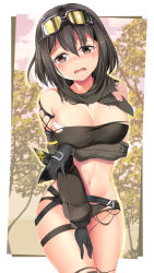 Rule 34 | 1girl, arknights, bandeau, bare shoulders, black gloves, black hair, black panties, black scarf, blush, breasts, brown eyes, cleavage, commentary request, cowboy shot, eunectes (arknights), gloves, goggles, goggles on head, hair between eyes, head tilt, highres, large breasts, looking at viewer, midriff, navel, nose blush, open mouth, panties, scarf, short hair, solo, standing, stomach, strapless, thighs, tube top, underwear, yasume yukito