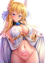 Rule 34 | 1girl, azur lane, bare shoulders, blonde hair, blue eyes, blue flower, blue rose, blush, bottomless, breasts, cleavage, closed mouth, clothes lift, covered erect nipples, dress, dress lift, flower, gem, groin, hair ornament, hair ribbon, half-closed eyes, head tilt, heart, heart-shaped pupils, highres, hukairi botan, large breasts, laurel crown, lifting own clothes, long hair, looking at viewer, navel, pubic tattoo, pussy juice, ribbon, rose, sidelocks, simple background, sleeveless, smile, solo, stomach, symbol-shaped pupils, tattoo, thighs, tsurime, underbust, veil, very long hair, victorious (azur lane), white background, white dress, wrist ribbon