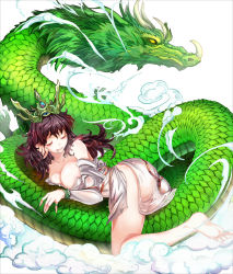 Rule 34 | 1girl, ass, barefoot, bracelet, breasts, brown hair, crown, dragon, eastern dragon, closed eyes, feet, highres, jewelry, large breasts, long hair, lying, official art, on stomach, original, ring, sleeping, solo, suoni (deeperocean), thighs