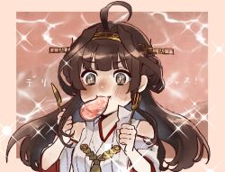 Rule 34 | + +, 1girl, ahoge, aupt31, bare shoulders, blush, brown hair, detached sleeves, double bun, eating, food, fork, grey eyes, hair bun, hairband, headgear, highres, holding, holding fork, holding knife, japanese clothes, kantai collection, knife, kongou (kancolle), long hair, meat, nontraditional miko, solo, sparkle, upper body, white sleeves, wide sleeves
