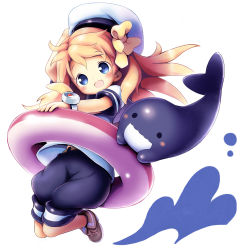 Rule 34 | 1girl, :d, aikei ake, animal, beret, black sailor collar, black shorts, blonde hair, blue eyes, blush, bow, brown footwear, commentary request, compass, full body, hair bow, hat, head tilt, highres, innertube, long hair, looking at viewer, open mouth, original, pink innertube, puffy shorts, sailor collar, shirt, shoes, short shorts, short sleeves, shorts, smile, solo, swim ring, white background, white hat, white shirt, yellow bow