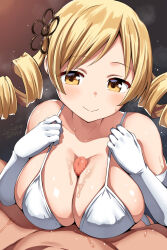 Rule 34 | 1boy, 1girl, belko, bikini, blonde hair, breasts, breasts squeezed together, censored, cleavage, dated, gloves, hetero, highres, large breasts, long glove, long hair, looking at viewer, mahou shoujo madoka magica, mosaic censoring, paizuri, paizuri under clothes, penis, pov, pov crotch, smile, solo focus, swimsuit, tomoe mami, white bikini, white gloves, yellow eyes