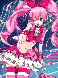 Rule 34 | 10s, 1girl, :d, blue eyes, bow, brooch, choker, cure melody, frills, hair ribbon, happy, heart, houjou hibiki, ichigomiruku, jewelry, long hair, magical girl, midriff, musical note, navel, open mouth, outstretched hand, pink bow, pink hair, pink thighhighs, pointing, precure, quaver, ribbon, skirt, smile, solo, staff (music), suite precure, thighhighs, treble clef, twintails, wrist cuffs