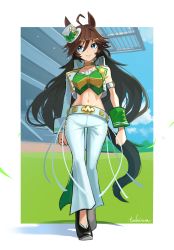 Rule 34 | 1girl, absurdres, ahoge, animal ears, arm strap, bandeau, bell-bottoms, black footwear, blue eyes, blue sky, breasts, brown hair, choker, clenched hands, closed mouth, cloud, commentary request, day, full body, green bandeau, groin, hair between eyes, hair ornament, hairclip, hat, high heels, highres, horse ears, horse girl, horse tail, jacket, long hair, long sleeves, looking to the side, medium breasts, midriff, mini hat, mini top hat, mr. c.b. (umamusume), navel, open clothes, open jacket, pants, shadow, sidelocks, signature, single bare shoulder, single sleeve, sky, sleeve cuffs, smile, solo, tail, tokiwa png, top hat, umamusume, walking, white background, white hat, white pants, yellow choker