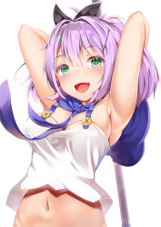 Rule 34 | 1girl, :d, ahoge, armpits, arms behind head, arms up, azur lane, between breasts, black bow, blue necktie, blush, bow, breasts, camisole, cleavage, commentary request, crop top, green eyes, hair between eyes, hair bow, hair intakes, hair ornament, highres, javelin (azur lane), looking at viewer, medium breasts, midriff, navel, necktie, necktie between breasts, open mouth, polearm, purple hair, short hair, simple background, smile, solo, stomach, tatsumiya kagari, upper body, weapon, white background
