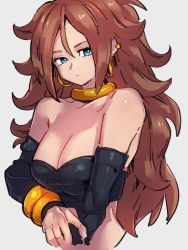 Rule 34 | 1girl, android 21, bare shoulders, black nails, blue eyes, breasts, brown hair, cleavage, closed mouth, collarbone, dragon ball, dragon ball fighterz, earrings, grey background, hoop earrings, jewelry, kemachiku, long hair, looking at viewer, majin android 21, medium breasts, nail polish, simple background, solo, upper body