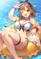 1girl atelier_(series) atelier_ryza atelier_ryza_1 bikini breasts brown_eyes brown_hair cleavage feet_out_of_frame front-tie_bikini_top front-tie_top highres innertube jacket jewelry kuze_kaname large_breasts looking_at_viewer necklace one_eye_closed red_scrunchie reisalin_stout scrunchie short_hair smile solo star_(symbol) star_necklace swim_ring swimsuit white_bikini wrist_scrunchie yellow_jacket