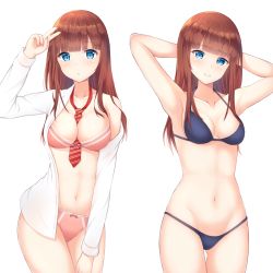Rule 34 | 2girls, armpits, arms behind head, arms up, bad id, bad pixiv id, bare arms, bare shoulders, between breasts, blue bra, blue eyes, blue panties, blunt bangs, blush, bra, breasts, brown hair, cleavage, closed mouth, collarbone, cowboy shot, crotch seam, dress shirt, gluteal fold, groin, hand up, head tilt, highres, lace, lace-trimmed bra, lace trim, long hair, long sleeves, looking at viewer, medium breasts, multiple girls, navel, necktie, off shoulder, open clothes, open shirt, original, panties, pink bra, pink panties, red neckwear, seventeen (st17215), shirt, simple background, smile, standing, stomach, striped neckwear, thigh gap, underwear, v, white background, white shirt