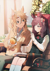 Rule 34 | 2girls, absurdres, alternate costume, animal ears, bag, bow, brown hair, brown jacket, burger, coffee cup, commentary, cup, daiichi ruby (umamusume), disposable cup, drill hair, english commentary, unworn eyewear, food, from side, fuyukayui, green eyes, green pants, green vest, hair bow, highres, holding, holding cup, holding food, horse ears, horse girl, jacket, kneehighs, long hair, looking at another, looking at viewer, mejiro palmer (umamusume), multicolored hair, multiple girls, necktie, pants, plaid, plaid vest, purple eyes, red bow, red necktie, shirt, sitting, smile, socks, streaked hair, twin drills, umamusume, vest, white hair, white shirt, white socks