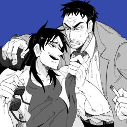 Rule 34 | 2boys, blue background, cigarette, clenched teeth, collared shirt, commentary request, endou yuuji, unworn eyewear, fingernails, formal, greyscale with colored background, holding, holding cigarette, holding removed eyewear, inudori, itou kaiji, jacket, kaiji, long hair, looking at another, male focus, medium bangs, multiple boys, necktie, necktie grab, neckwear grab, open clothes, open mouth, open shirt, shirt, short bangs, short hair, simple background, smile, suit, sunglasses, teeth, upper body, very short hair