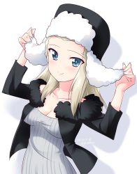 Rule 34 | 1girl, adjusting clothes, adjusting headwear, black hat, black jacket, blonde hair, blue eyes, blush, breasts, casual, clara (girls und panzer), cleavage, closed mouth, commentary, dated, dress, dutch angle, fur-trimmed jacket, fur hat, fur trim, girls und panzer, grey dress, hat, highres, jacket, kuzuryuu kennosuke, light blush, long hair, long sleeves, looking at viewer, medium breasts, medium dress, one-hour drawing challenge, shadow, simple background, smile, solo, standing, striped clothes, striped dress, twitter username, ushanka, vertical-striped clothes, vertical-striped dress, white background