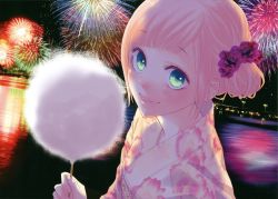 Rule 34 | 1girl, absurdres, alternate hairstyle, aqua eyes, blue eyes, blush, cotton candy, cup, festival, flower, hair ornament, highres, japanese clothes, just be friends (vocaloid), kimono, lips, lipstick, long hair, makeup, megurine luka, night, pink hair, smile, solo, vocaloid, yukata, yunomi, yunomi (yunomi imonuy)
