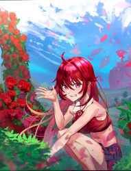 Rule 34 | 1girl, bare shoulders, blush, breasts, castle, day, flower, grin, highres, long hair, looking at viewer, medium breasts, midriff, mitsukichi, navel, original, outdoors, pleated skirt, purple eyes, red hair, rose, skirt, smile, solo, squatting