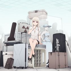 Rule 34 | 1girl, bag, black footwear, black skirt, blonde hair, box, bright pupils, cat, collared shirt, commentary request, crate, grey shirt, guitar case, hand up, high heels, instrument case, long hair, looking at viewer, mannequin, original, pink eyes, popped collar, radiation symbol, rolling suitcase, shirt, sitting, skirt, smile, solo, suitcase, wing collar, yajirushi (chanoma)