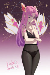 Rule 34 | 1girl, absurdres, arm under breasts, artist name, bare arms, bare shoulders, black bra, black panties, black pantyhose, bra, breasts, covered navel, dated, detached wings, hair ornament, highres, kai&#039;sa, league of legends, lingerie, lodmia, long hair, medium breasts, multicolored background, panties, panties under pantyhose, pantyhose, parted bangs, pink background, pink hair, smile, solo, star (symbol), star guardian kai&#039;sa, star hair ornament, stomach, underwear, wings