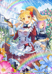 Rule 34 | 2girls, :d, annoyed, apron, black dress, black legwear, blonde hair, blue flower, blush, bow, broom, day, dress, elf, fang, floating hair, flower, frilled apron, frills, garden, gloves, hair bow, hair flower, hair ornament, hair over one eye, hairclip, holding, holding broom, hose, juliet sleeves, long sleeves, looking at viewer, maid, maid headdress, mansion, multiple girls, official art, open mouth, orange bow, outdoors, pink flower, pink hair, pointy ears, ponytail, puffy sleeves, rainbow, red dress, red eyes, red flower, red rose, ronce, rose, rose bush, see-through, short hair, short sleeves, sidelocks, smile, splashing, standing, waist apron, water, white apron, white gloves, x hair ornament, yellow eyes, z/x