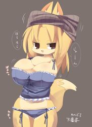 Rule 34 | 1girl, animal ears, blonde hair, breasts, brown eyes, brown sweater, camisole, cleavage, colored skin, commentary request, cowboy shot, dressing, fox ears, fox girl, fox tail, frilled camisole, frilled panties, frills, furry, furry female, grey background, grey camisole, grey panties, large breasts, lets0020, long hair, looking at viewer, medium bangs, one-hour drawing challenge, open mouth, original, panties, simple background, solo, sweater, tail, translation request, underwear, yellow skin