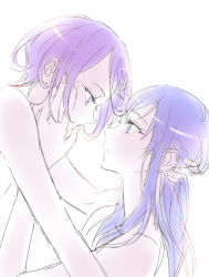 Rule 34 | 2girls, blue hair, couple, dokidoki! precure, eye contact, hand on another&#039;s cheek, hand on another&#039;s face, hishikawa rikka, holding head, kenzaki makoto, long hair, looking at another, multiple girls, negom, nude, precure, profile, purple hair, short hair, simple background, sketch, white background, yuri