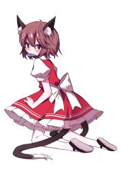 Rule 34 | 1girl, adapted costume, animal ear fluff, animal ears, back bow, bing zizi, black footwear, bow, brown eyes, brown hair, cat ears, cat tail, chen, dress, fish, fish in mouth, food in mouth, from side, full body, highres, kneeling, looking at viewer, looking back, mary janes, mouth hold, multiple tails, nekomata, no headwear, pantyhose, petticoat, puffy short sleeves, puffy sleeves, red dress, shoe soles, shoes, short hair, short sleeves, slit pupils, solo, tail, touhou, transparent background, two tails, white bow, white pantyhose