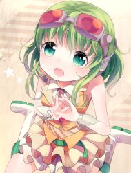 Rule 34 | 1girl, :d, bad id, bad pixiv id, goggles, goggles on head, green eyes, green hair, gumi, headset, looking at viewer, open mouth, opopowa, sitting, smile, vocaloid, wariza