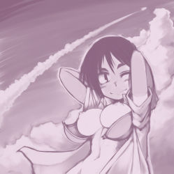 Rule 34 | 1girl, bottomless, bra, breasts, cloud, cloudy sky, contrail, kakkou (su), large breasts, monochrome, navel, nipples, one eye closed, open bra, open clothes, open shirt, original, puffy nipples, shirt, short hair, sky, smile, tan, tanline, underwear, wink