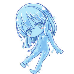 Rule 34 | 1girl, blue eyes, blush stickers, breasts, chibi, curss, female focus, monster girl, no nipples, nude, original, simple background, slime girl, small breasts, solo, white background