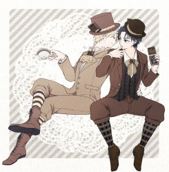 Rule 34 | 2boys, blonde hair, blue hair, boots, brown footwear, candy, candy bar, chocolate, chocolate bar, ascot, cross-laced footwear, cup, dio brando, doily, licking finger, food, formal, hat, jojo no kimyou na bouken, jonathan joestar, kochi (tinga), crossed legs, licking, looking at another, male focus, multiple boys, phantom blood, sitting, suit, teacup, top hat