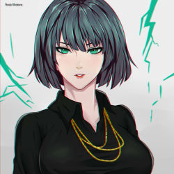 Rule 34 | 1girl, absurdres, black hair, breasts, fubuki (one-punch man), green eyes, highres, jewelry, large breasts, looking at viewer, necklace, one-punch man, solo, upper body