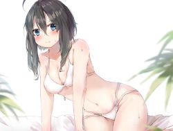 Rule 34 | 1girl, ahoge, bare arms, bare shoulders, bed sheet, bikini, blue eyes, blurry, blurry foreground, blush, breasts, brown hair, cleavage, closed mouth, collarbone, commentary request, depth of field, hair between eyes, highres, long hair, looking at viewer, multi-strapped bikini, navel, original, revision, sidelocks, skindentation, small breasts, solo, soranagi yuki, swimsuit, v-shaped eyebrows, wet, white background, white bikini