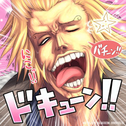 Rule 34 | 1boy, blonde hair, duval, failure, k-suwabe, male focus, one eye closed, one piece, open mouth, sabaody archipelago, solo, sweatdrop, tongue, wink, you&#039;re doing it wrong
