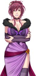 Rule 34 | 1girl, breasts, choker, cleavage, clenched teeth, crossed arms, dress, elbow gloves, game cg, gloves, great deceiver, hair ornament, hairpin, high ponytail, large breasts, legs, looking at viewer, mamiya marie, mole, mole under eye, nail polish, original, ponytail, purple dress, red hair, sarong, sei shoujo, smile, solo, standing, teeth, thighhighs, thighs, transparent background, yellow eyes
