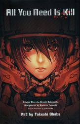 Rule 34 | 1girl, absurdres, all you need is kill, armor, artist name, blood, blood splatter, bob cut, bodysuit, closed mouth, copyright name, english text, hair between eyes, hair over eyes, helmet, highres, looking at viewer, machinery, obata takeshi, official art, portrait, power armor, red eyes, red hair, red lips, red theme, rita vrataski, serious, shade, solo, tsurime
