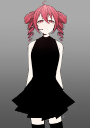 1girl absurdres after0217 ahoge alternate_costume arms_at_sides black_background black_dress black_theme black_thighhighs closed_mouth cowboy_shot dress drill_hair flat_chest highres kasane_teto red_eyes red_hair simple_background sleeveless sleeveless_dress solo thighhighs twin_drills utau