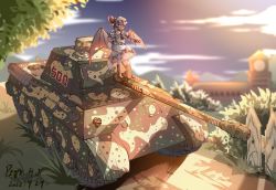 Rule 34 | 1girl, artist name, bat wings, camouflage, dated, dress, english text, fence, headset, highres, military, military vehicle, motor vehicle, panther (tank), panther (tank), pointing, pzgr.40, remilia scarlet, scarlet devil mansion, solo, standing on object, tank, touhou, tree, white dress, white headwear, wings, wooden fence